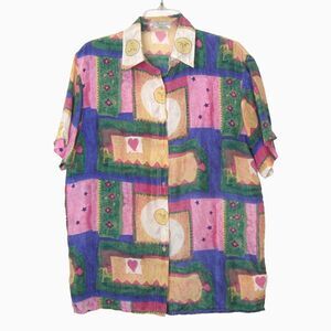 Vintage Snow 100% Washed Silk Short Sleeve Button Up Shirt Retro